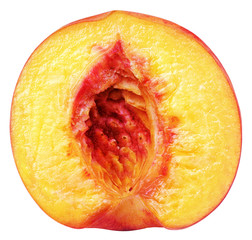 Front view of ripe half peach fruit without nut isolated on white background with clipping path