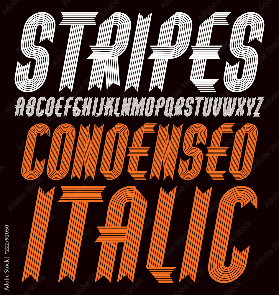 Poster vector upper case funky ornate alphabet letters set. trendy bold italic condensed font, typescript f