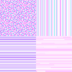 Set of seamless colored mosaic patterns. Pretty light colors. Abstract checkered wallpaper of the surface. Striped backgrounds. Print for polygraphy, posters, t-shirts and textiles. Doodle for work