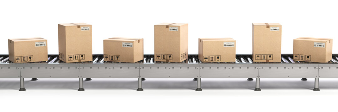 E-commerce, delivery and packaging service concept. Cardboard boxes on conveyor line isolated on white background.