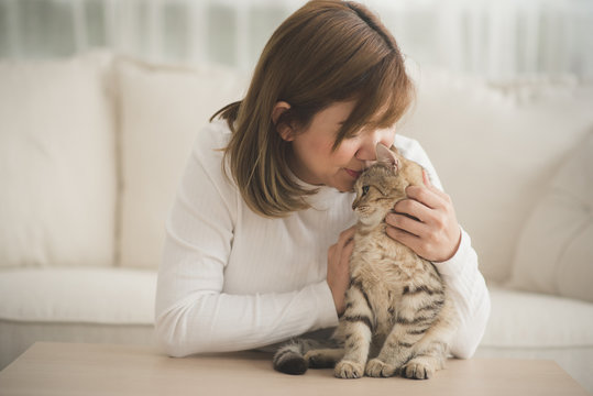 Asian Young Woman Playing With Cat In Living Room