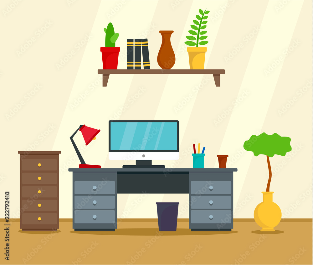 Poster computer work place concept background. flat illustration of computer work place vector concept back