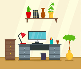 Computer work place concept background. Flat illustration of computer work place vector concept background for web design