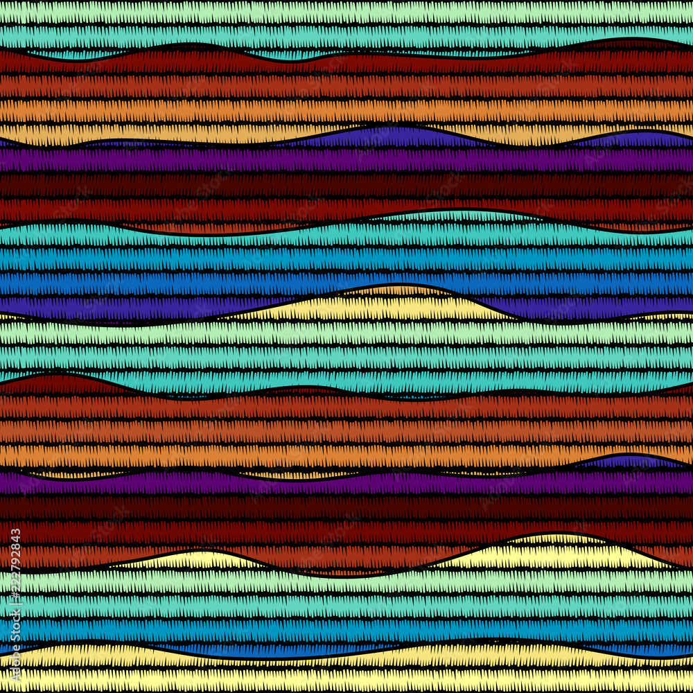 Poster Imitation of geometric embroidery pattern. Colored lines on a black background. Ethnic and tribal motifs. Seamless vector background in the bohemian style.
