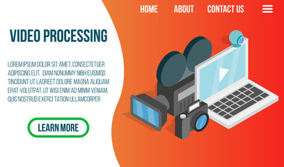 Video processing concept banner. Isometric banner of video processing vector concept for web, giftcard and postcard
