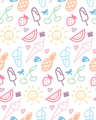 Cartoon Fruits and Berries Vector Seamless Pattern. Colorful Fruit Wallpaper. Healthy Summer Food Background