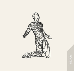 Man who prays. 3d model of man. Vector illustration. Wire connection to virtual reality.
