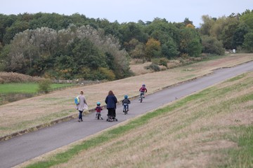 Fototapeta premium family walks, cycling and jogging along a pathway .children palying on bikes and scooters