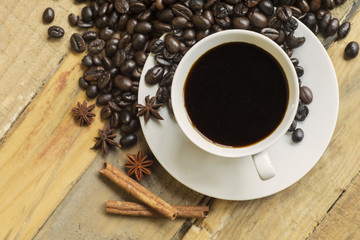 Top view of coffee cup and coffee beans