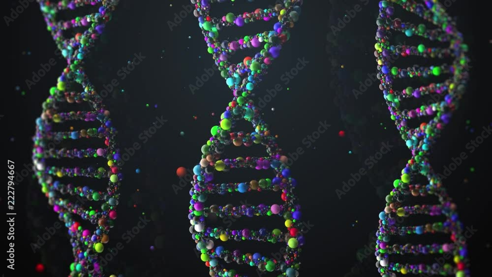 Poster 3d render abstract dna strand made of spheres. complex gene concept made of glossy simple primitives