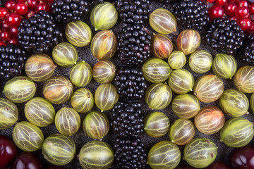 Rows of assorted fruits and berries: sweet cherry, bluberries, raspberries, red and black currant, blackberries. Helthy eating food concept.