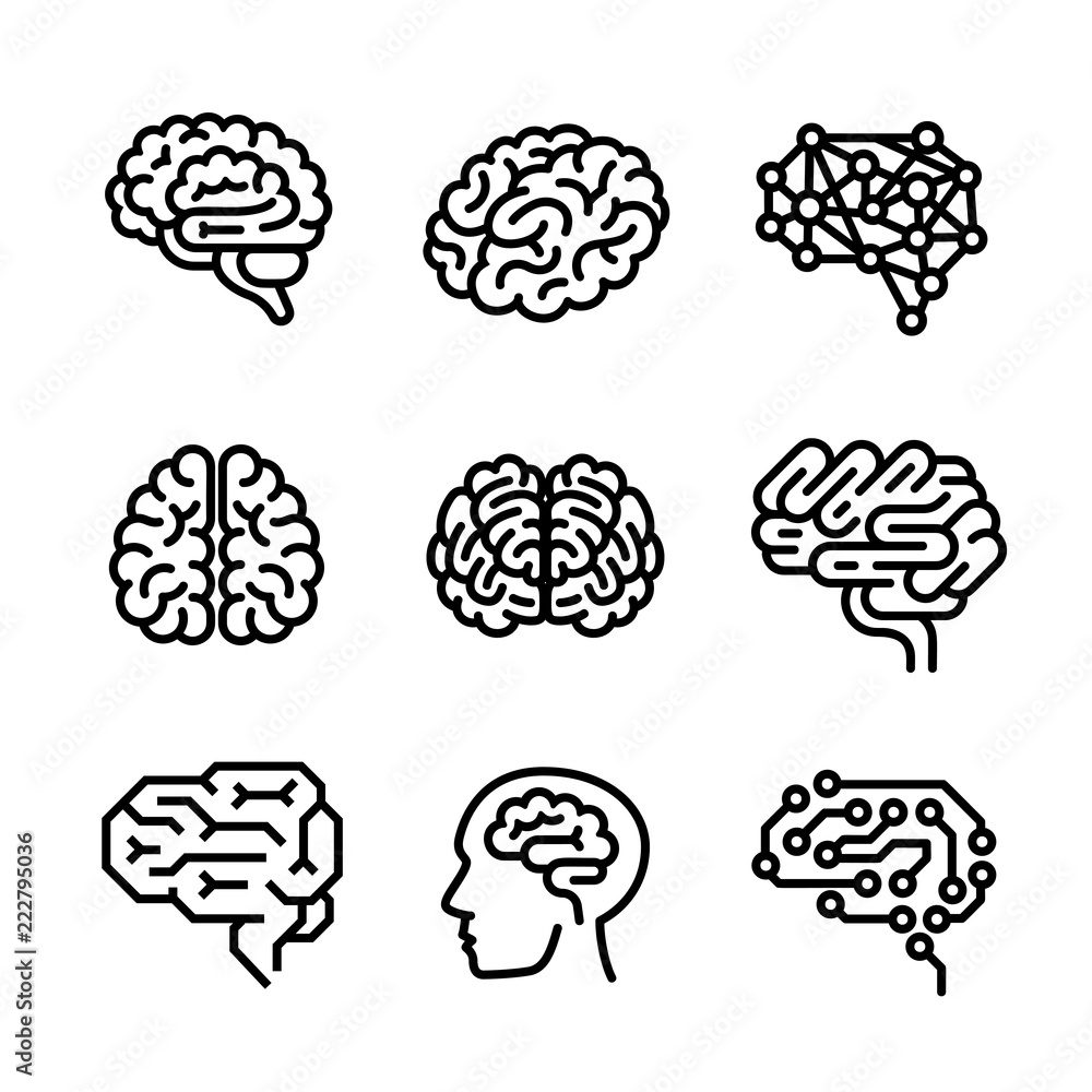 Poster brain icon set. outline set of brain vector icons for web design isolated on white background