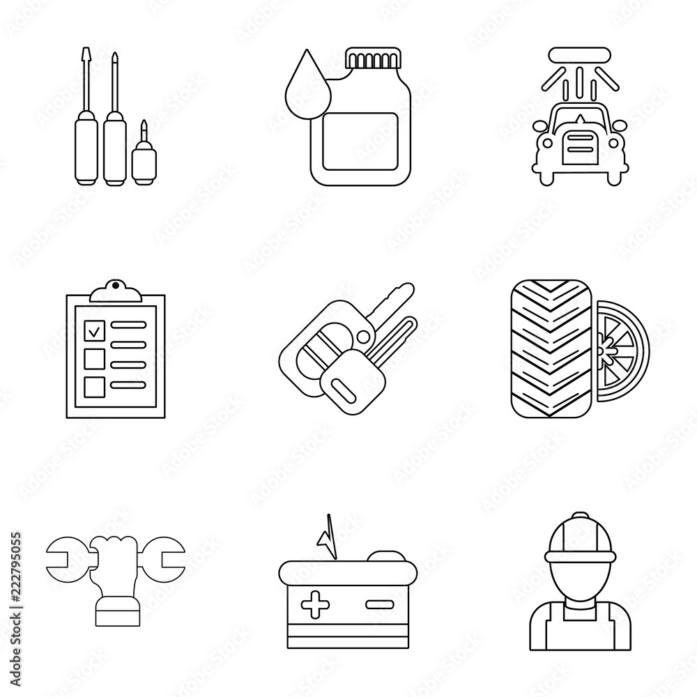 Poster autorepair shop icons set. outline set of 9 autorepair shop vector icons for web isolated on white b