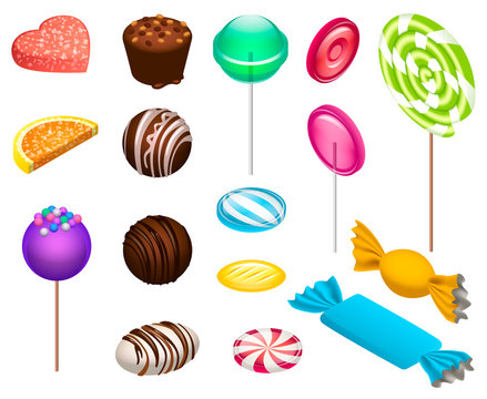 Sweet candy icon set. Isometric set of sweet candy vector icons for web design isolated on white background