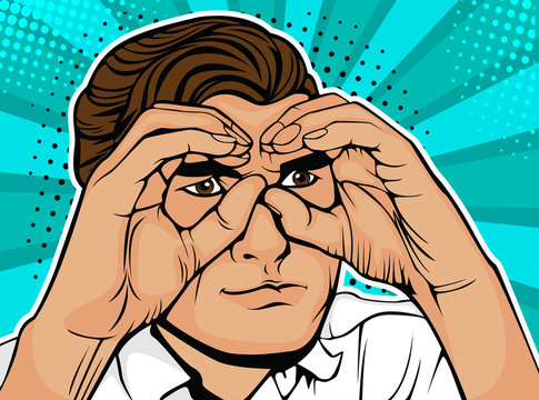 Businessman looking through binoculars made from hands. Colorful vector background in pop art retro comic style.
