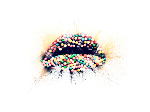 Conceptual photo of a female lips with red lipstick and candies close-up in the form of splashes, explosion paint isolated on a white background. Female lips close-up with spray paint around.