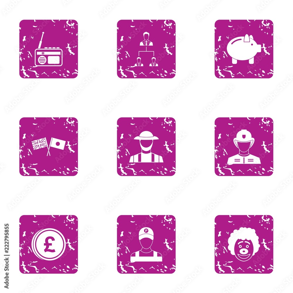 Poster jollification icons set. grunge set of 9 jollification vector icons for web isolated on white backgr