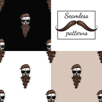 Beard Skull. Seamless Pattern