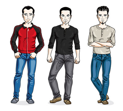 Happy men standing in stylish casual clothes. Vector set of beautiful people illustrations. Lifestyle theme male characters.