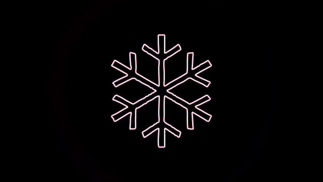 4K Neon Snowflake Shape Flickering On Dark Background