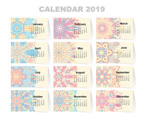 Calendar for 2019 year. Vintage decorative mandala elements. Week starts on sunday. Vintage style template for your design