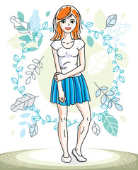 Happy pretty young redhead woman standing on background of spring ecology landscape with delicate blue leaves and wearing fashionable casual clothes. Vector character.