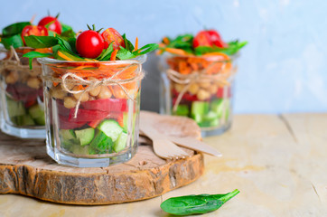 Healthy Homemade Jar Salad with Cucumber, Bell Pepper, Chickpea, Carrot, Spinach and Cherry Tomato, Vegan Detox Eating, Vegetarian Food