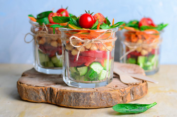 Healthy Homemade Jar Salad with Cucumber, Bell Pepper, Chickpea, Carrot, Spinach and Cherry Tomato, Vegan Detox Eating, Vegetarian Food
