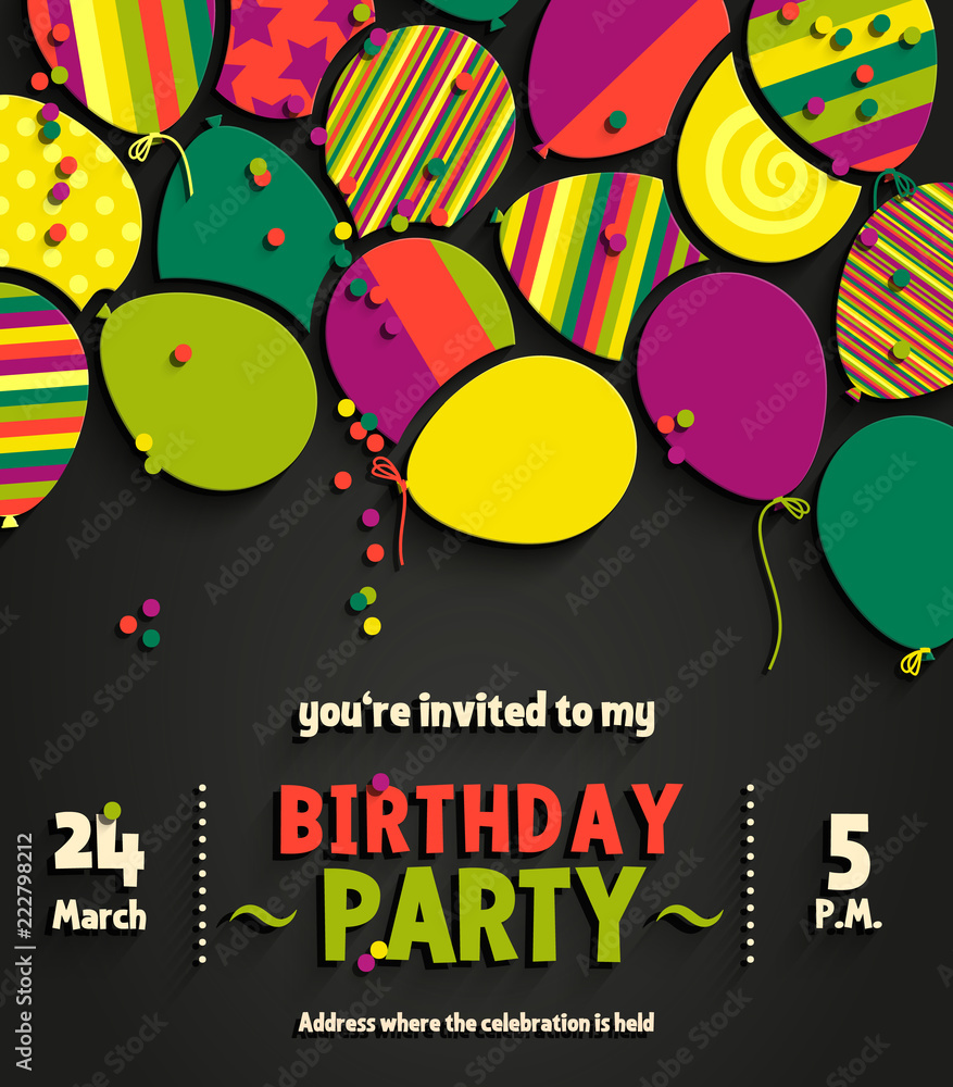 Wall mural birthday party invitation card with colorful flat balloons. vector.