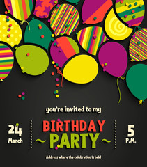 Birthday party invitation card with colorful flat balloons. Vector.