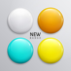Blank glossy badges, pin or web button. Four colors, white, orange, turquoise and yellow. Vector.