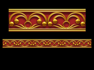 golden, ornamental segment, “redcloth", straight version for frieze, frame or border. 3d illustration, separated on black