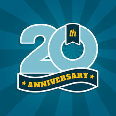 Twenty years anniversary with ribbon, 20th years celebration isolated on turquoise sun rays background. Vector.