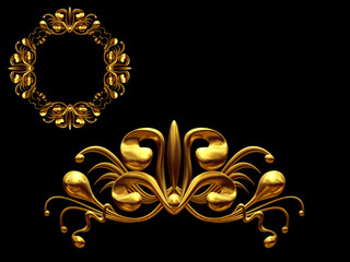 golden ornamental segment, ”development", round version, ninety degree angle, for corner or circle, 3d Illustration, separated on black
