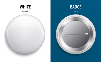 Blank white glossy badge or button. 3d render. Round plastic pin, emblem, volunteer label. Front and Back Side. Vector.