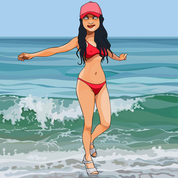 cartoon funny woman fooling around on the beach