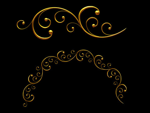 golden ornamental segment, ”swell", round version, fourty-five degree angle, for corner or circle, 3d Illustration, separated on black