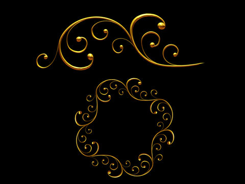 golden ornamental segment, ”swell", round version, ninety degree angle, for corner or circle, 3d Illustration, separated on black
