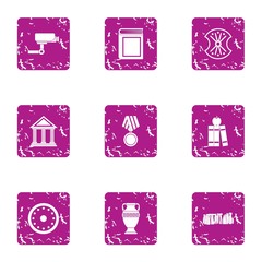 Construction of museum icons set. Grunge set of 9 construction of museum vector icons for web isolated on white background