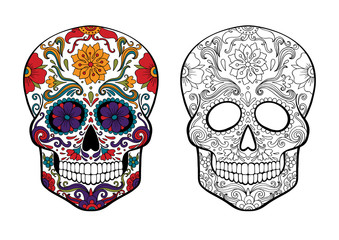 sugar skull, day of death vector illustration, page for coloring with a sample