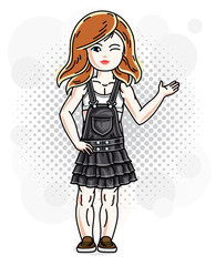 Cute happy red-haired girl in jeans wear posing. Vector character.
