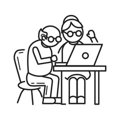 Old person on laptop concept background. Outline old person on laptop vector concept background for web design isolated on white background