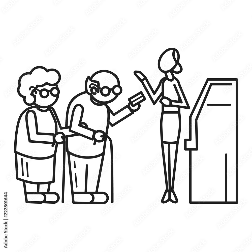 Poster old person at atm concept background. outline old person at atm vector concept background for web de