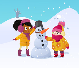 Happy kids playing with snowman. Funny little girs on a walk in the winter outdoors. Children building snow man playing outdoors on sunny snowy winter day. Outdoor fun on Christmas vacation. Vector