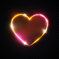 Bright heart background. Romantic neon sign on transparent backdrop. Happy Valentine's Day design element. Retro glowing heart frame signage for greeting card design, banner. Love vector illustration.