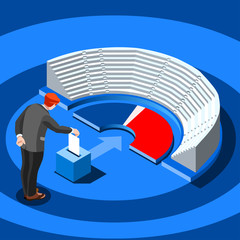 Hand putting label. Election poll about vote. Ballot, democracy decision for government. Campaign for choice. Politics republican symbol on ballot-box. Flat isometric infographic vector illustration