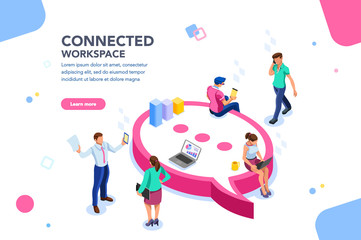 Fototapeta premium Isometric concept, wifi connected people, bar presentation. Occupation plan, workplace for team cooperation. Discussing together, diagram of brainstorming. Report, sales target, marketing illustration