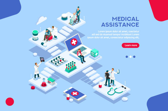 Persons at office, medical assistance. Patient room with healthcare insurer. Clinic insure a doctor. Insurance and assistance for physician. Concept with characters. Flat isometric vector illustration