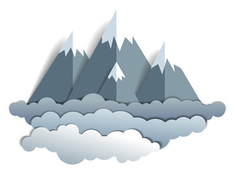 Scenic landscape of mountain peaks range, summer vector illustration in paper cut kids style. Summer holidays, travel and tourism.