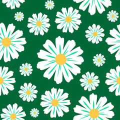 White camomile seamless pattern on green background